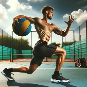 An athlete on a tennis court practicing rotational power exercises. The athlete is in the motion of throwing a medicine ball to the side 2